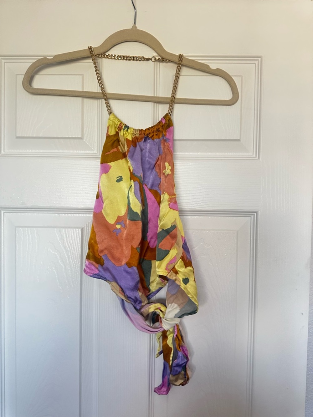 Astr Multicolor Floral Satin Halter Top with Chain Accent